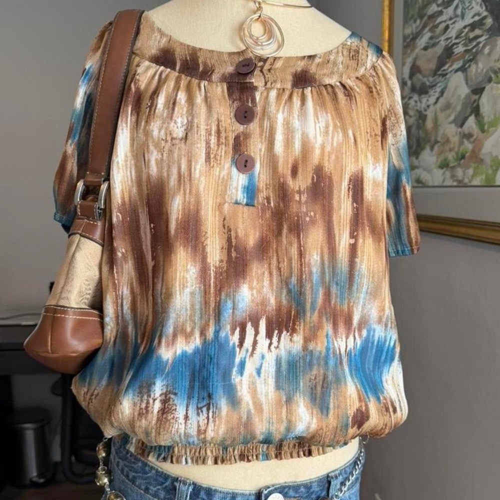 Dressbarn Y2K Flowy Boat Neck Cinched Waist Boho Blouse Brown Blue XL